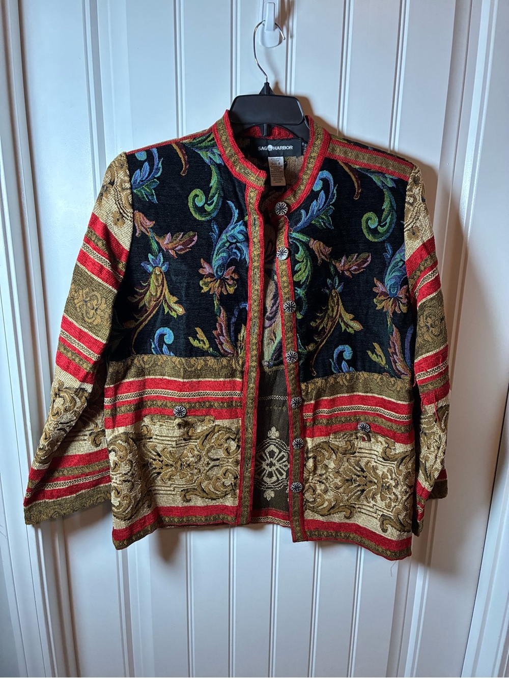 Sag Harbor Black Multicolor Tapestry Jacket with Red and Gold Accents